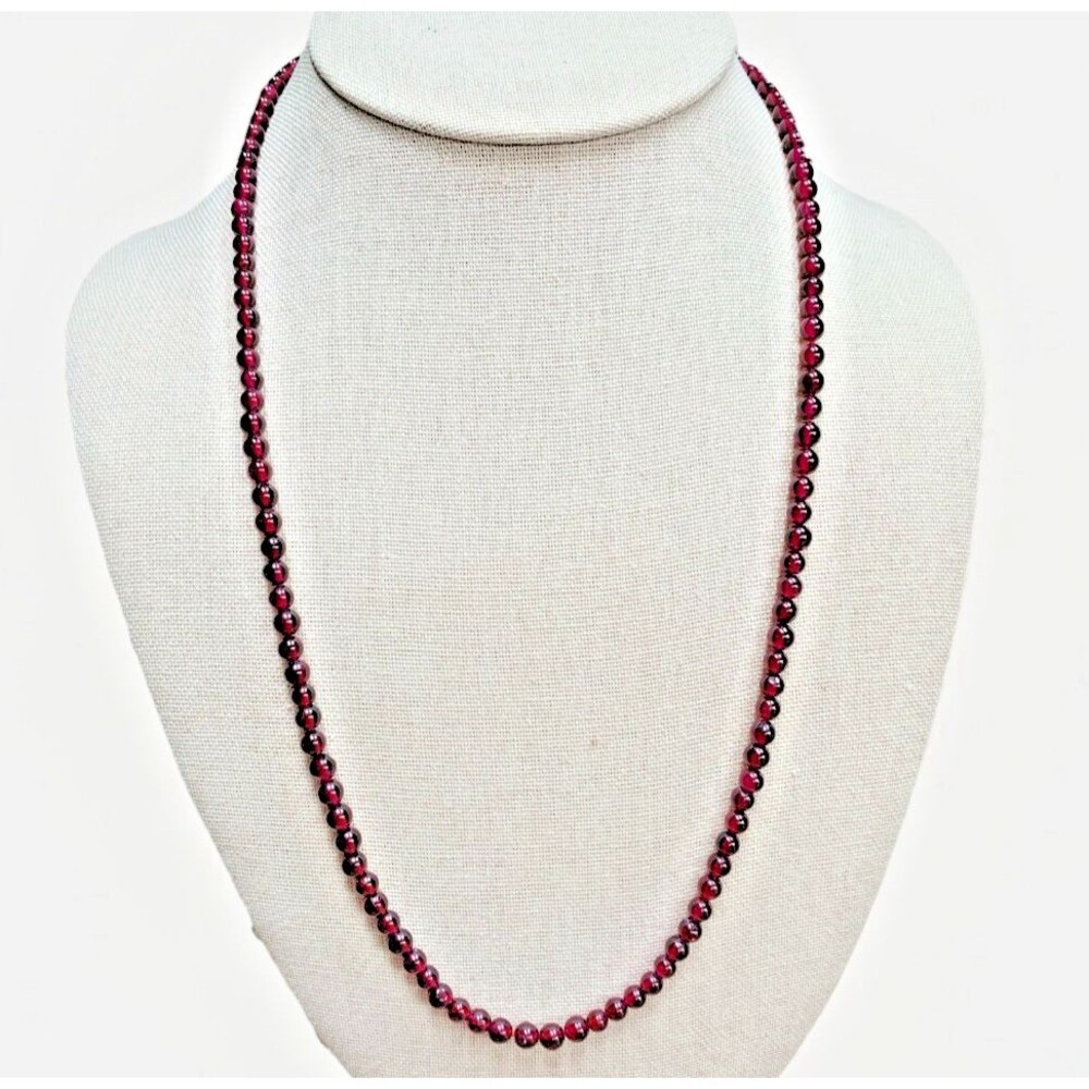 Vintage Red Glass Bead Necklace Garnet Color Strand Gold Tone Clasp 22"